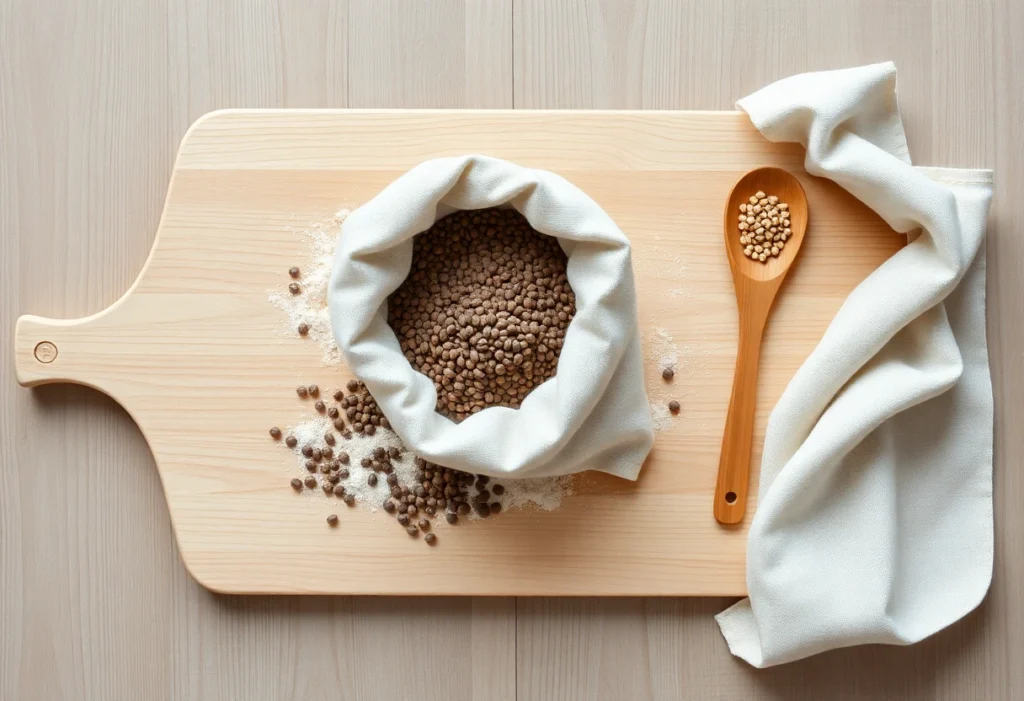 Sac de farine de ble noir et cuillere en bois sur une planche