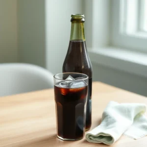 Bouteille de cola et son verre avec des glacons