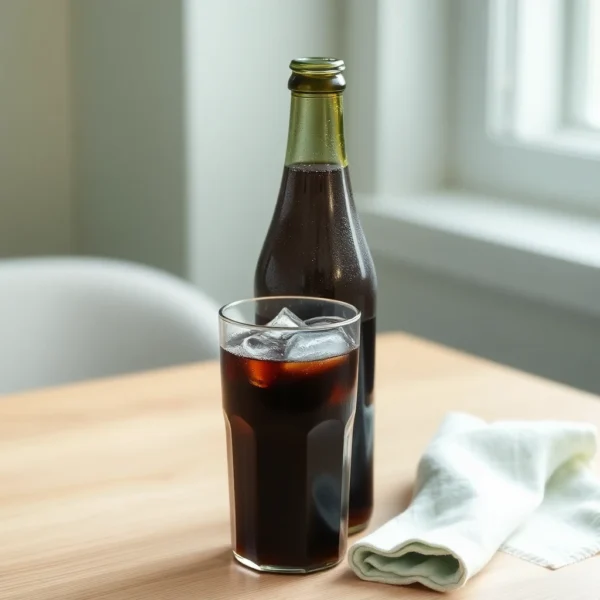 Bouteille de cola et son verre avec des glacons