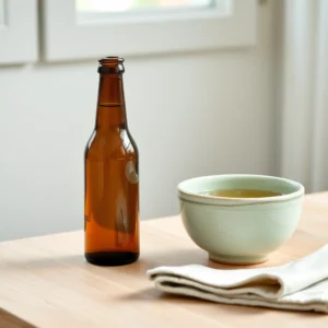 Bouteille de cidre brut et bol de cidre en gres