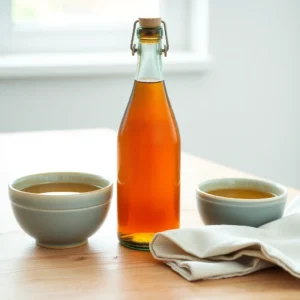 Grande bouteille de cidre brut et deux bols en gres