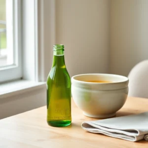 Bouteille de cidre doux et bol de cidre en gres