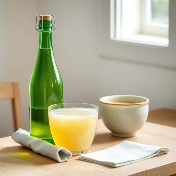 Grande bouteille de cidre doux et deux bols en gres