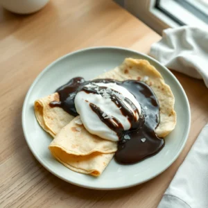Crepe a la creme de coco nappee de sauce chocolat