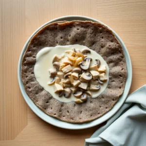 Galette au poulet, creme, champignons et oignons