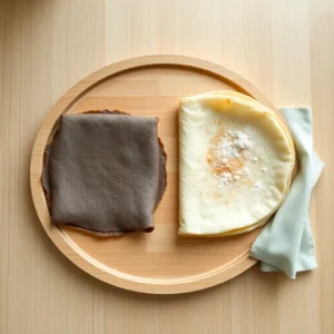 Plateau en bois avec une galette pliee et une crepe sucree