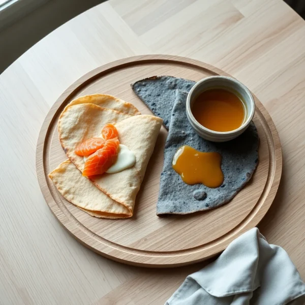 Plateau en bois avec une galette garnie, une crepe et un bol de cidre