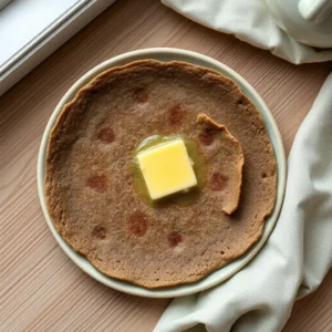 Galette de ble noir pliee, beurre fondu au centre, sur une assiette vert d eau