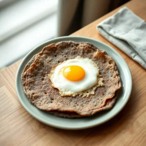 Galette de ble noir avec un oeuf au plat sur emmental fondu