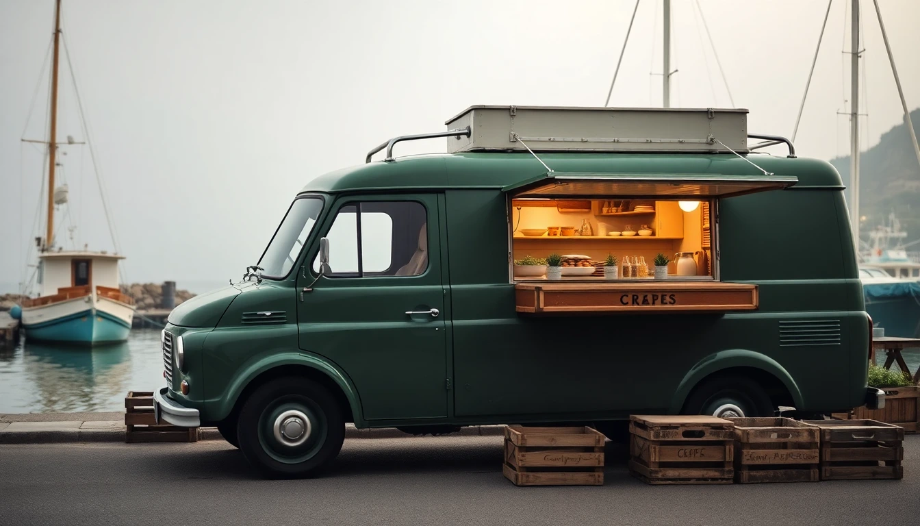 Camion a creperie vert bouteille sur un port breton dans la brume