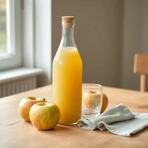 Grande bouteille de jus de pomme trouble et pommes fraiches