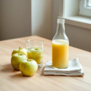 Petite bouteille de jus de pomme trouble et pommes fraiches