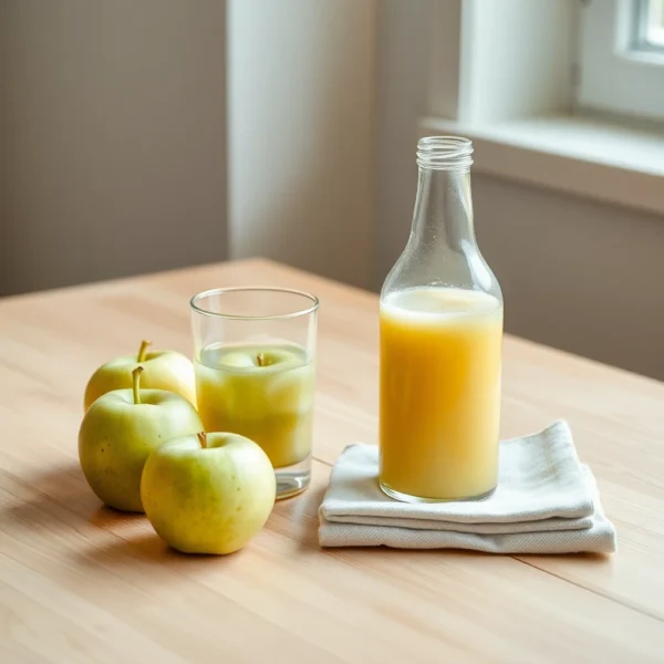 Petite bouteille de jus de pomme trouble et pommes fraiches