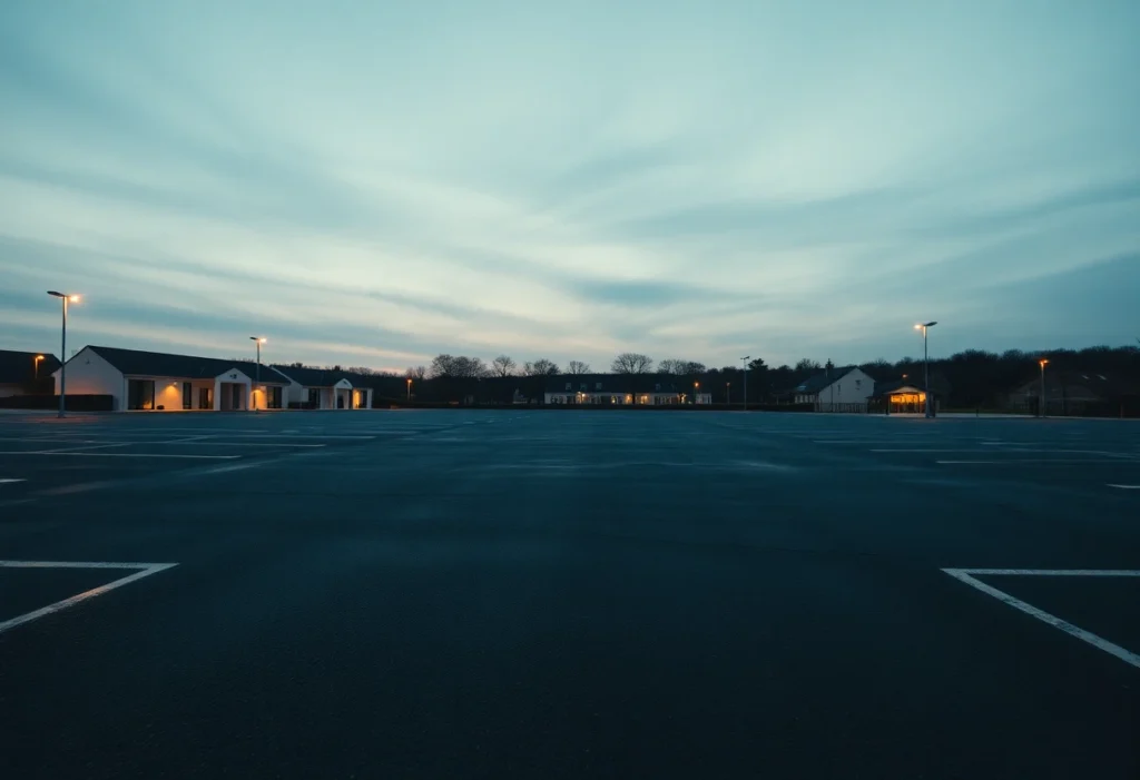 Le parking Decathlon a Lorient au crepuscule