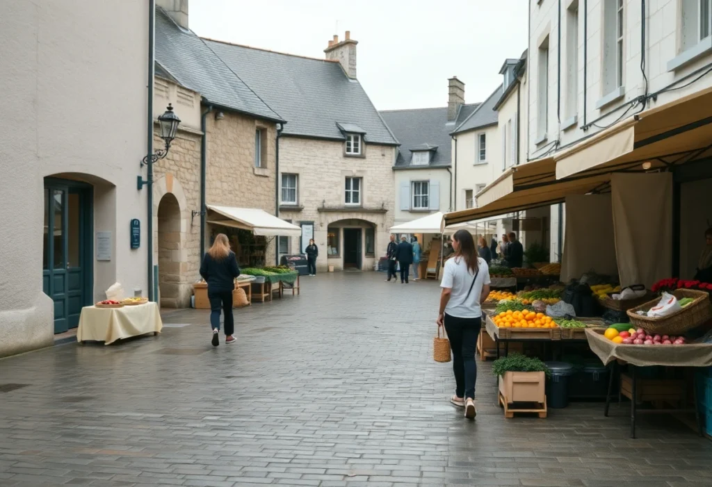 Le marche d Auray un matin, etals et pierres de granit