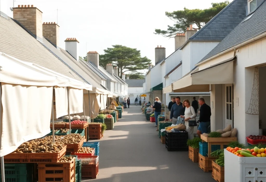 Le marche de Carnac, rue de maisons blanches et pins