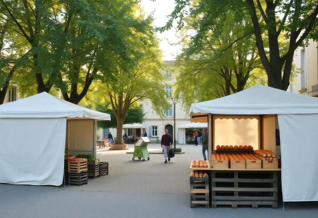 Le marche de Guidel sous les arbres, lumiere du matin