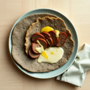 Galette a la saucisse de Molene et sauce moutarde