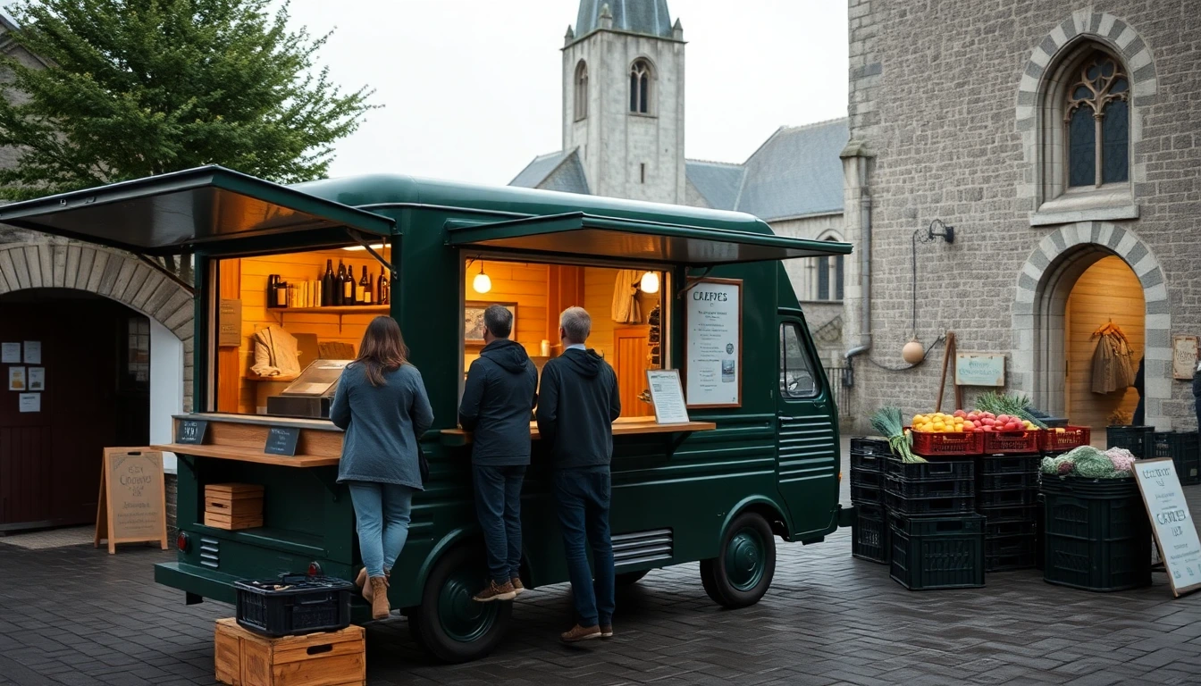 Le camion Roule La Galette installe sur un marche breton, hayon ouvert