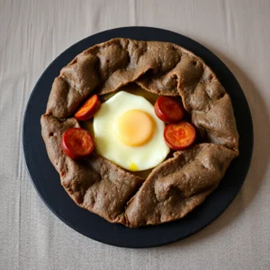 Galette complete a l andouille de Guemene, oeuf et emmental