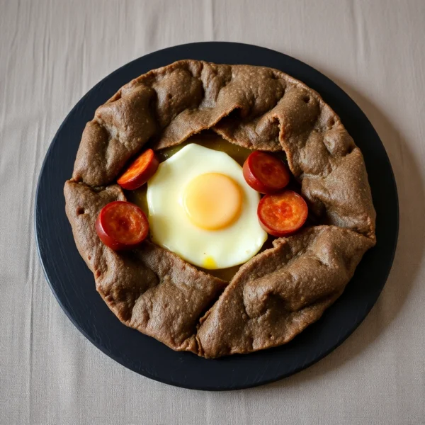 Galette complete a l andouille de Guemene, oeuf et emmental