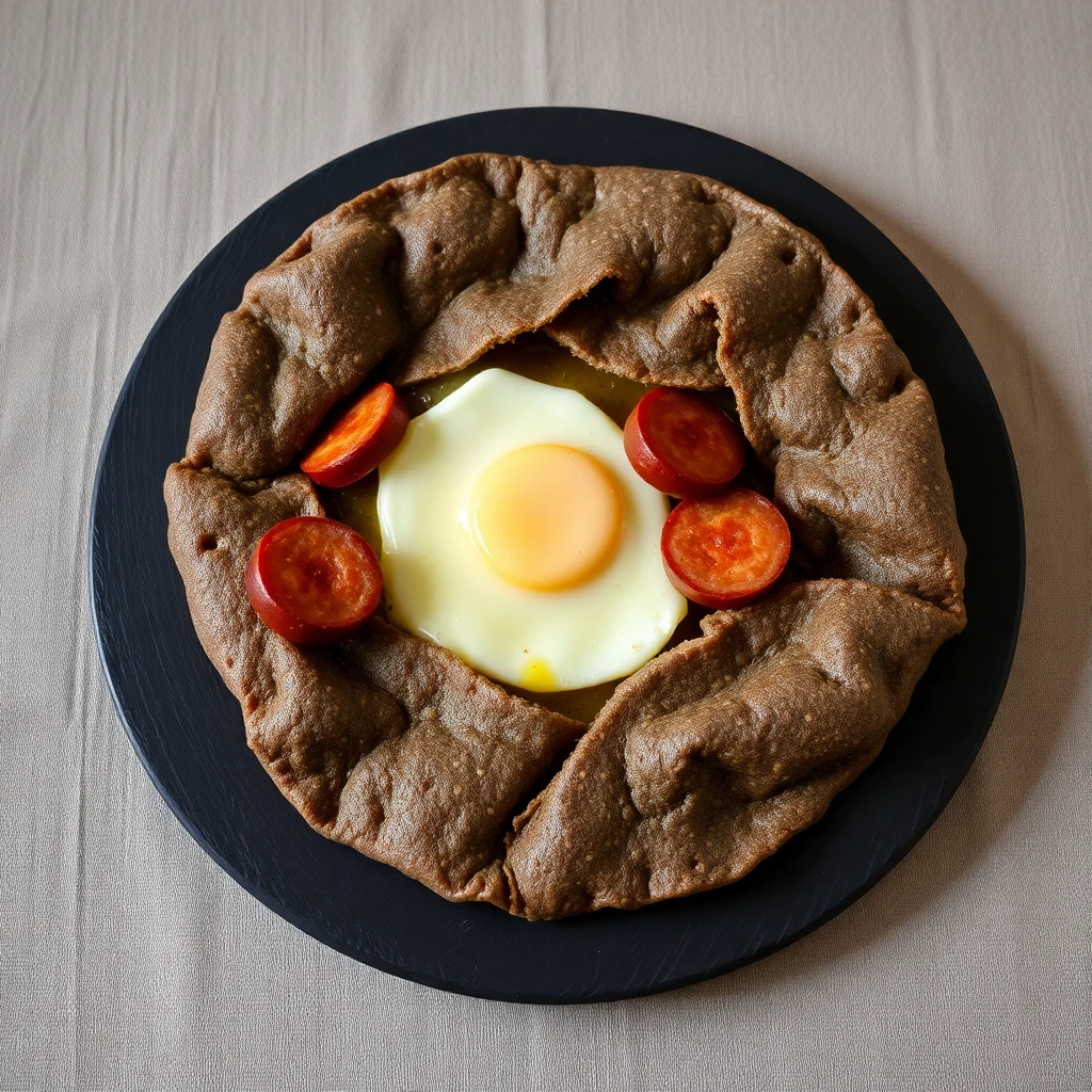 Galette complete a l andouille de Guemene, oeuf et emmental